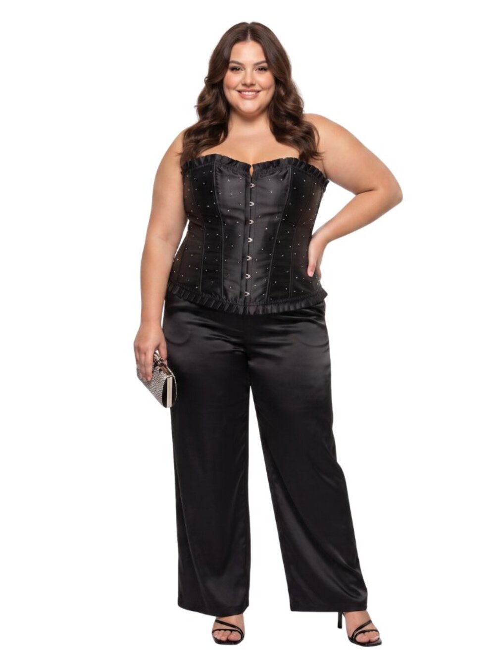 Plus Size Black Rhinestone Boned Corset Top Bustier Lace Up Satin Ribbon Back 4X